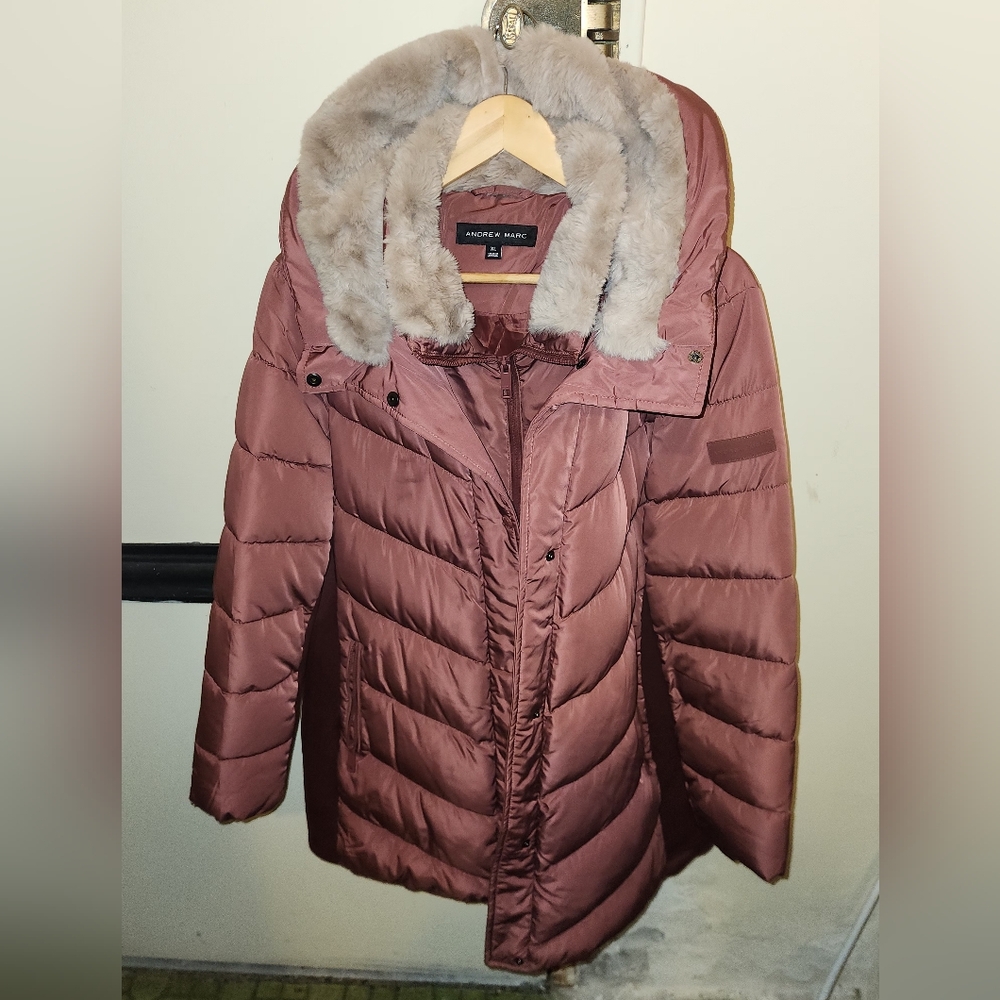 Andrew Marc Women's Mauve Puffer Coat with Faux Fur Hood
